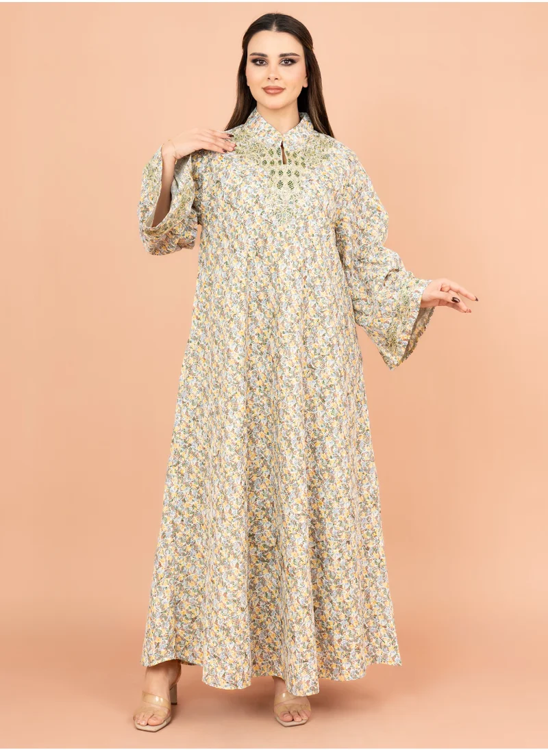 IKKXA Mandarin Collar Embroidered Jalabiya with Printed Pattern IK4009 Green