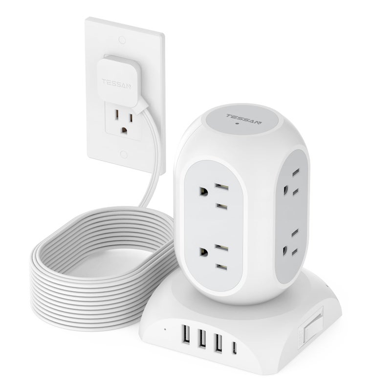 TESSAN Surge Protector Power Strip Tower, Flat Plug Extension Cord 10 Ft with 8 AC Multiple Outlets 4 USB Ports (1 USB C), 1050J Protection Desk Charging Station for Home, Office Supplies, Dorm Room - Image 1