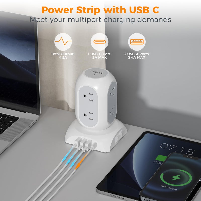 TESSAN Surge Protector Power Strip Tower, Flat Plug Extension Cord 10 Ft with 8 AC Multiple Outlets 4 USB Ports (1 USB C), 1050J Protection Desk Charging Station for Home, Office Supplies, Dorm Room - Image 3
