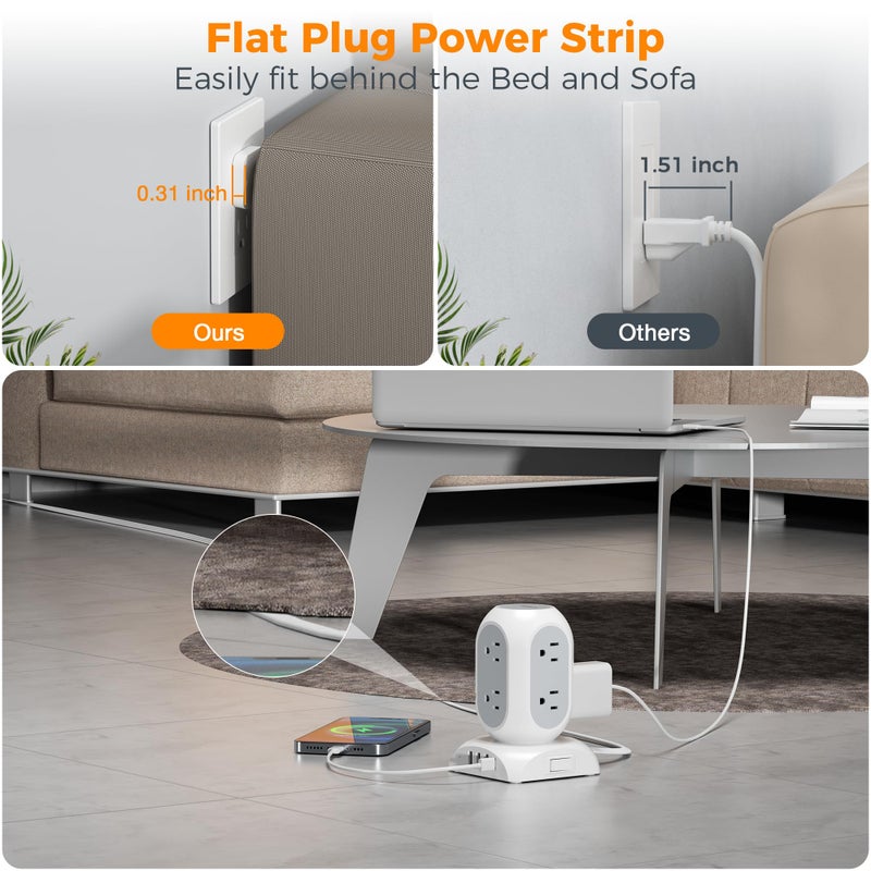TESSAN Surge Protector Power Strip Tower, Flat Plug Extension Cord 10 Ft with 8 AC Multiple Outlets 4 USB Ports (1 USB C), 1050J Protection Desk Charging Station for Home, Office Supplies, Dorm Room - Image 2