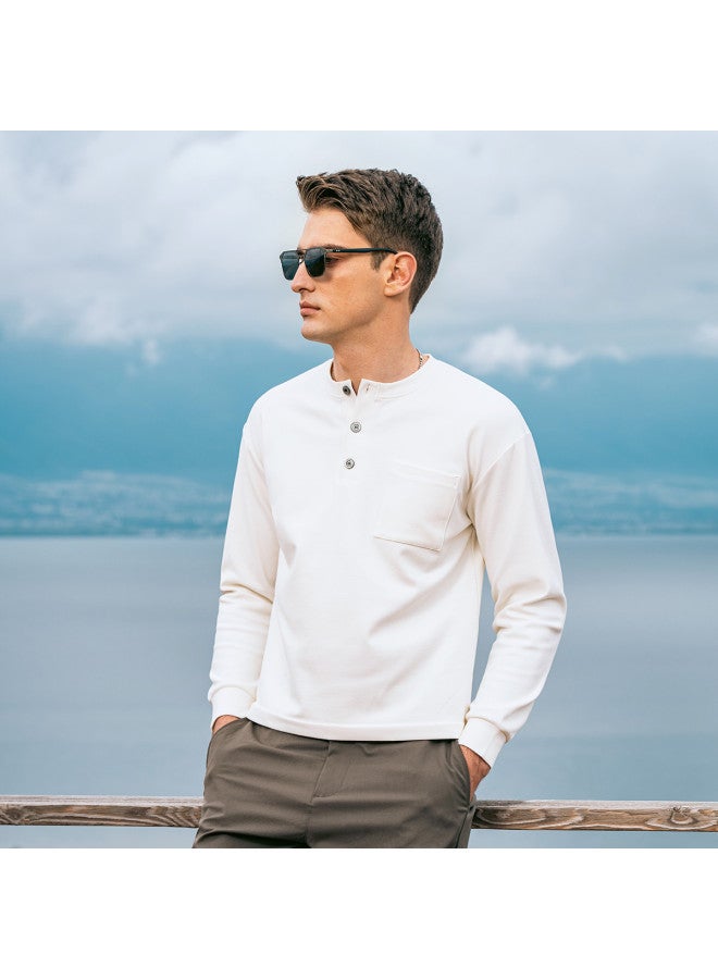 G Heavyweight Henley Neck Long Sleeve T-shirt For Men, Youth 2025 Spring Pocket Decoration Fake Two-piece T-shirt - Image 3