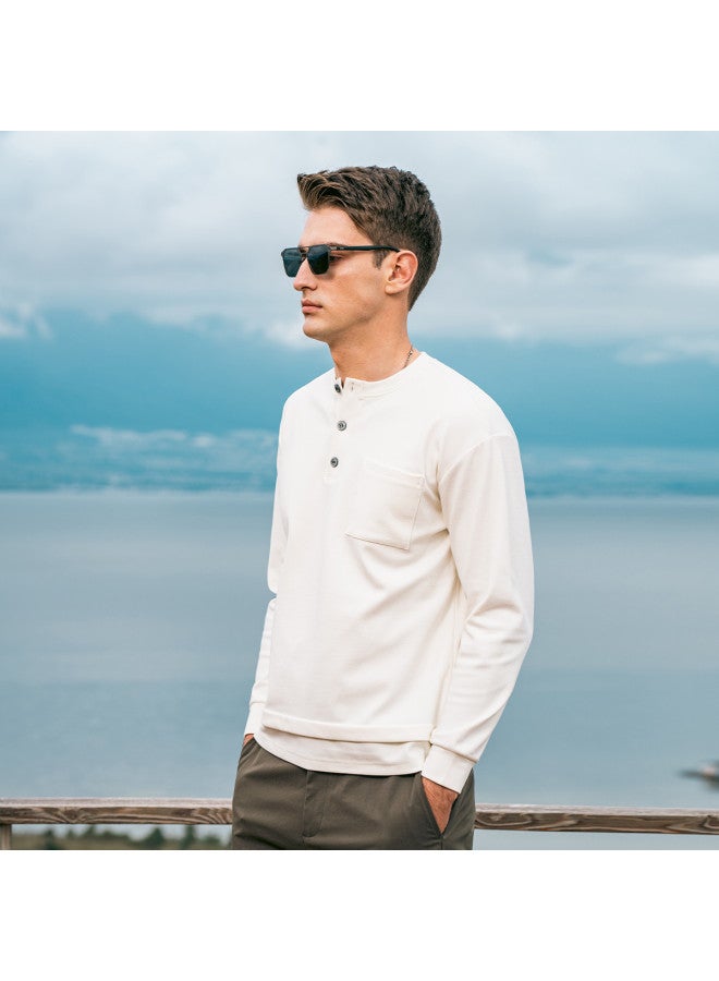 G Heavyweight Henley Neck Long Sleeve T-shirt For Men, Youth 2025 Spring Pocket Decoration Fake Two-piece T-shirt - Image 4
