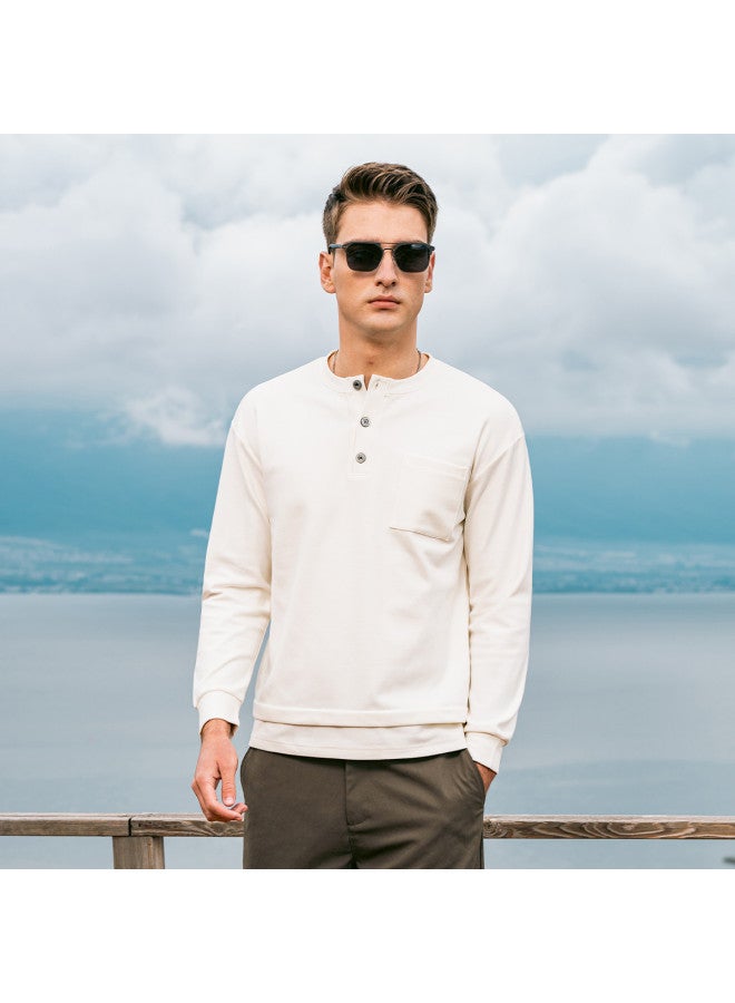 G Heavyweight Henley Neck Long Sleeve T-shirt For Men, Youth 2025 Spring Pocket Decoration Fake Two-piece T-shirt - Image 2