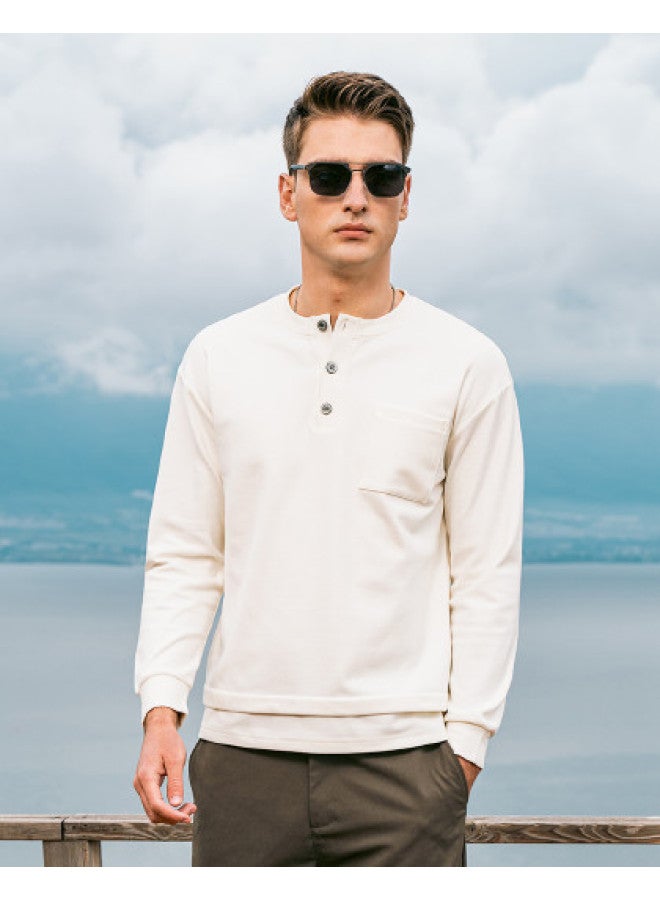 G Heavyweight Henley Neck Long Sleeve T-shirt For Men, Youth 2025 Spring Pocket Decoration Fake Two-piece T-shirt - Image 1