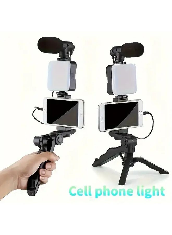 تمت ترقية مجموعة تصوير الفيديو ثلاثية القوائم السوداء مع ميكروفون ضوء LED لمكالمات الفيديو والبث عبر الهاتف - Image 1