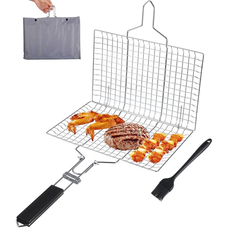 YuLohass Grill Basket  Stainless Steel BBQ Grilling Basket Foldable BBQ Basket with Detachable Handle Portable Barbecue Grid for Fish Steak Vegetable Shrimp Including Basting Brush  Storage Bag 32x22cm 