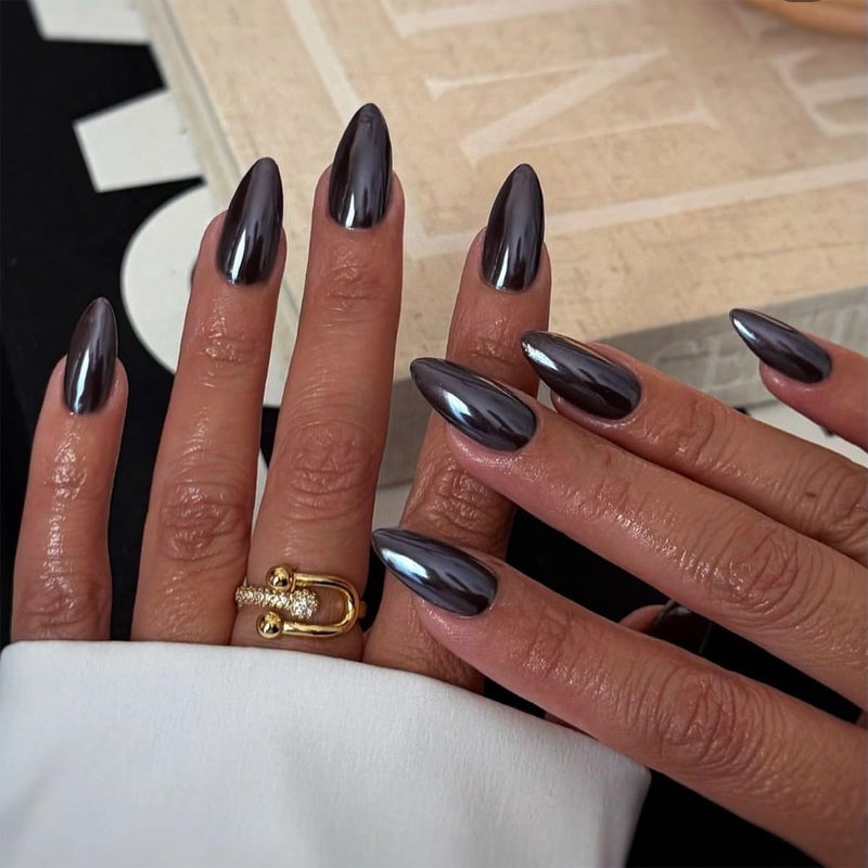 CTTHNBD Black Press on Nails Almond - Medium Fake Nails with Chrome Design - Glossy Full Cover Stick on False Nails for Women 24 Pcs - Image 1