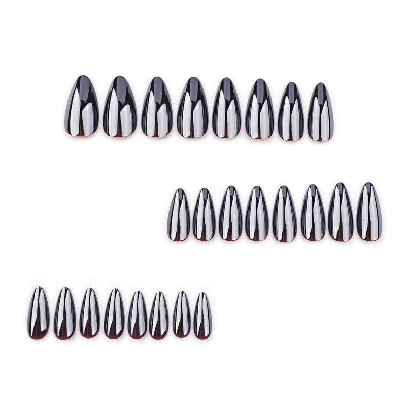 CTTHNBD Black Press on Nails Almond - Medium Fake Nails with Chrome Design - Glossy Full Cover Stick on False Nails for Women 24 Pcs - Image 2