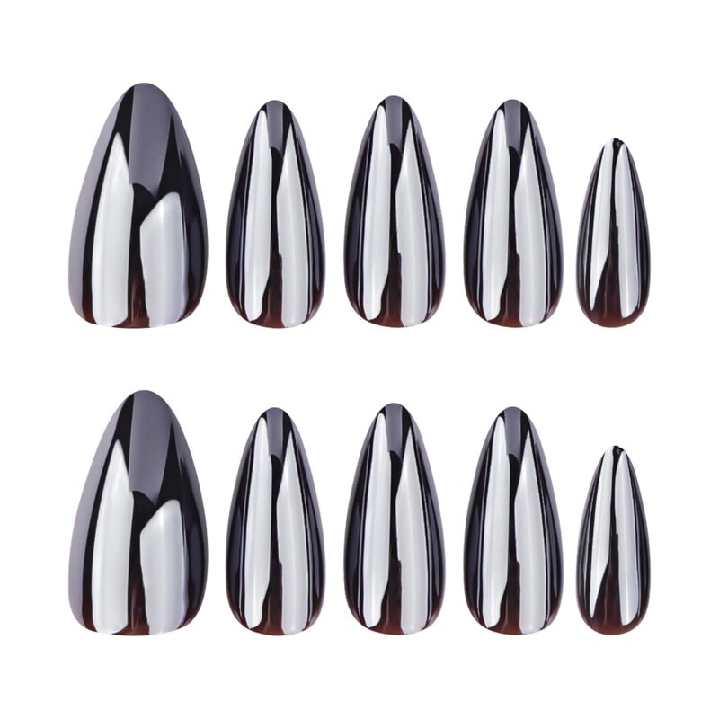 CTTHNBD Black Press on Nails Almond - Medium Fake Nails with Chrome Design - Glossy Full Cover Stick on False Nails for Women 24 Pcs - Image 5