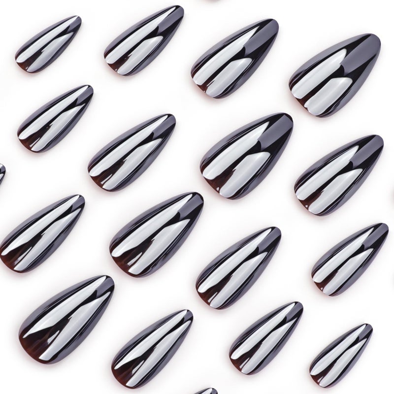CTTHNBD Black Press on Nails Almond - Medium Fake Nails with Chrome Design - Glossy Full Cover Stick on False Nails for Women 24 Pcs - Image 3