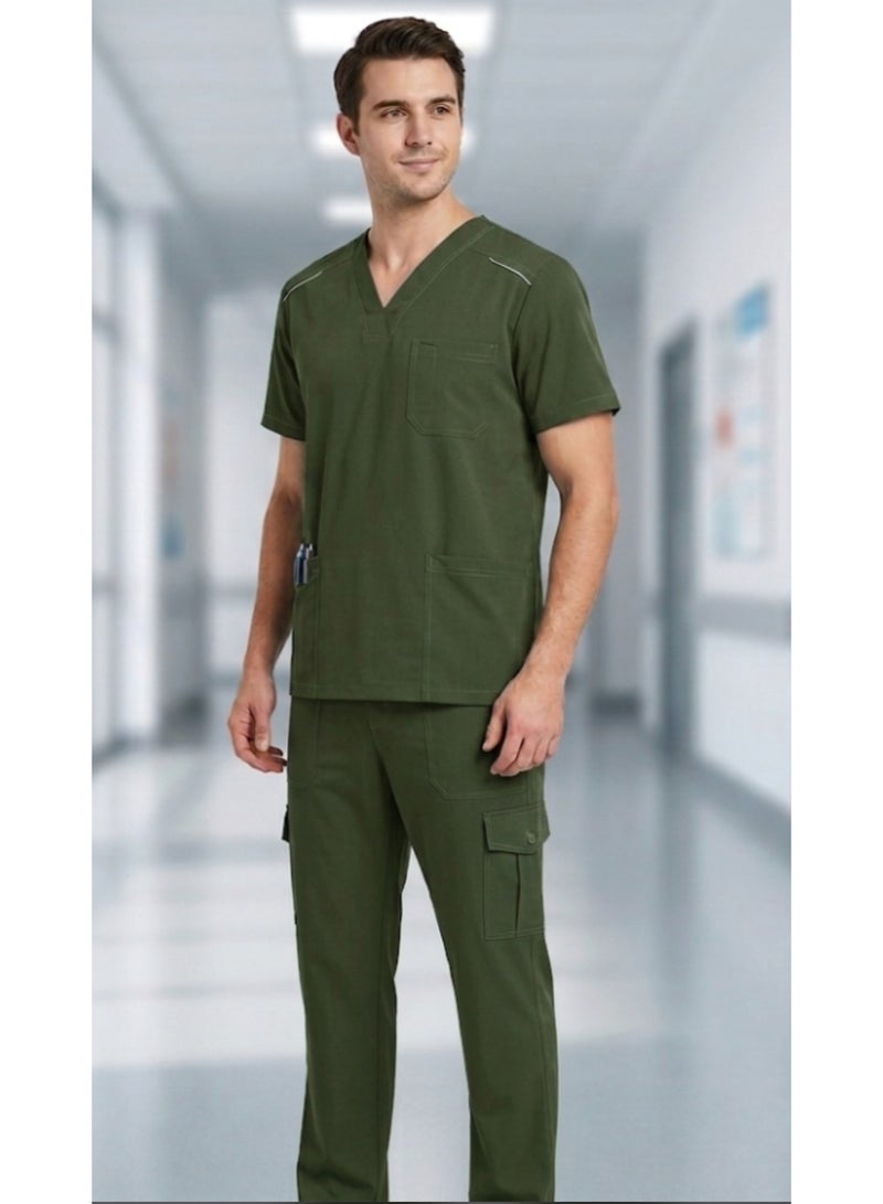 Men's Medical Scrub (Alhayah) Dark Olive Green - Size L - Short Sleeve - Comfortable and Flexible Medical Uniform for Doctors, Nurses and Healthcare Practitioners