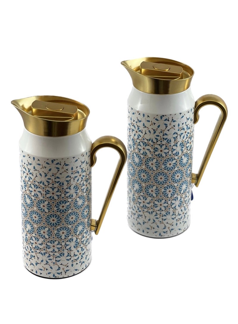 Homemaker 2-Piece Tea & Coffee Flask - 0.75 Liter & 1 Liter Capacity - Glass Inner - Steel Body - Multicolor Desing - Gold Handle - Image 2