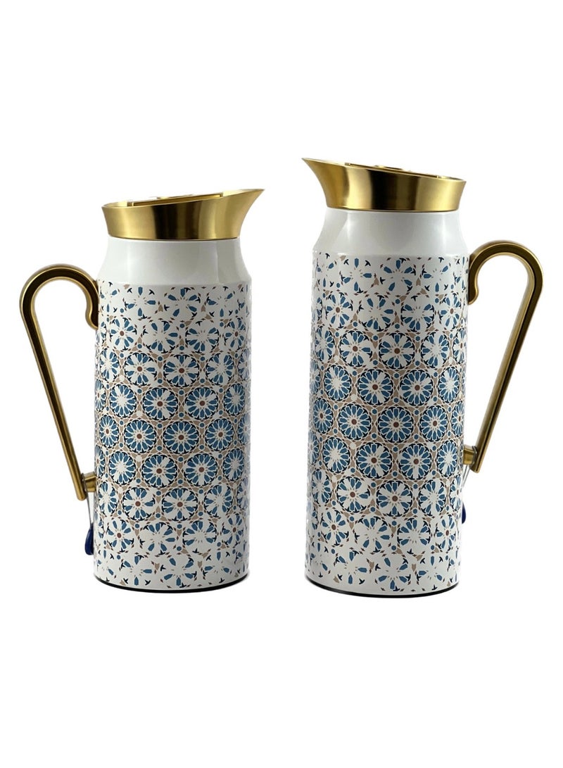 Homemaker 2-Piece Tea & Coffee Flask - 0.75 Liter & 1 Liter Capacity - Glass Inner - Steel Body - Multicolor Desing - Gold Handle - Image 1