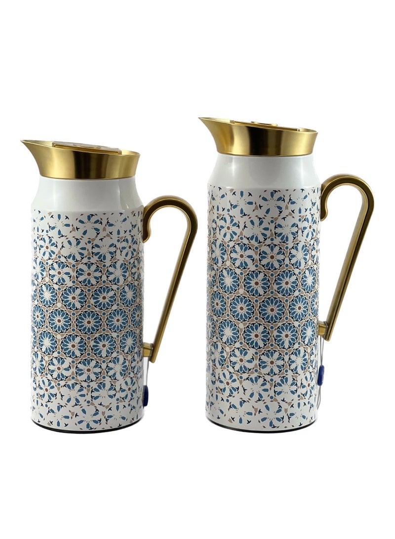 Homemaker 2-Piece Tea & Coffee Flask - 0.75 Liter & 1 Liter Capacity - Glass Inner - Steel Body - Multicolor Desing - Gold Handle - Image 3