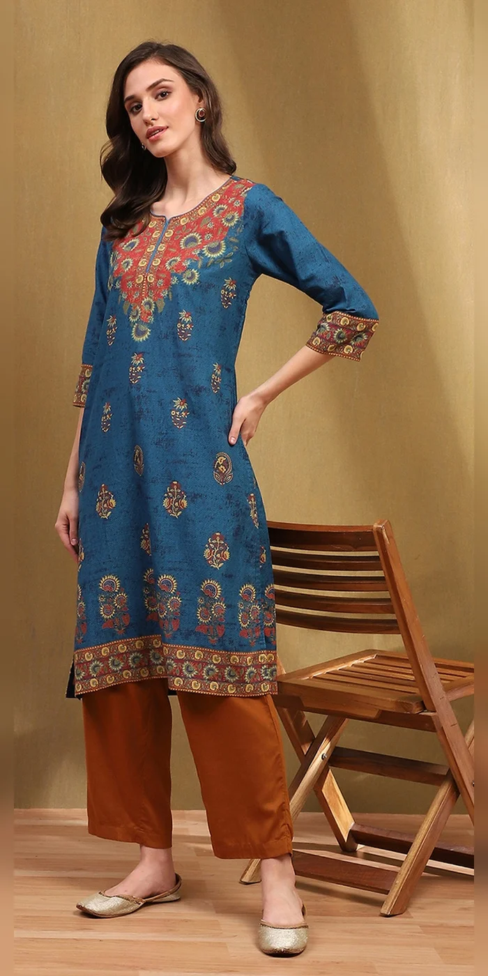 Women Navy Blue Cotton Printed Straight Kurta