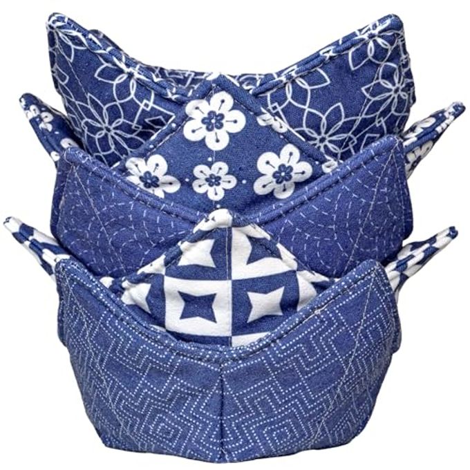 ROGITU Cotton Microwavable Bowl Cozy, Microwave-Safe Hot Bowl Holders, Soup bowl Cozy Hot Pads (Blue Series) - Image 1