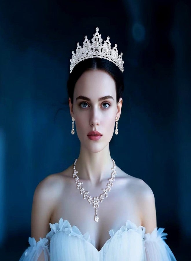 YIXIANGPING Women's headwear, crown earrings, necklace, crystal bridal jewelry set, costume, birthday party, Halloween dance party, grand event women's jewelry (silvery001-01) - Image 3