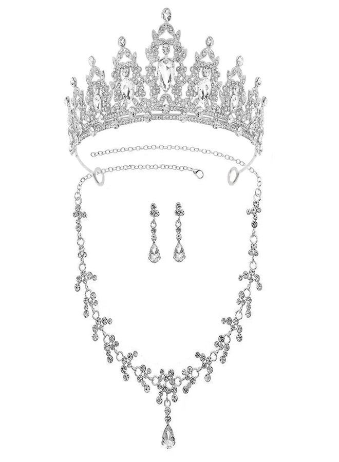 YIXIANGPING Women's headwear, crown earrings, necklace, crystal bridal jewelry set, costume, birthday party, Halloween dance party, grand event women's jewelry (silvery001-01) - Image 1