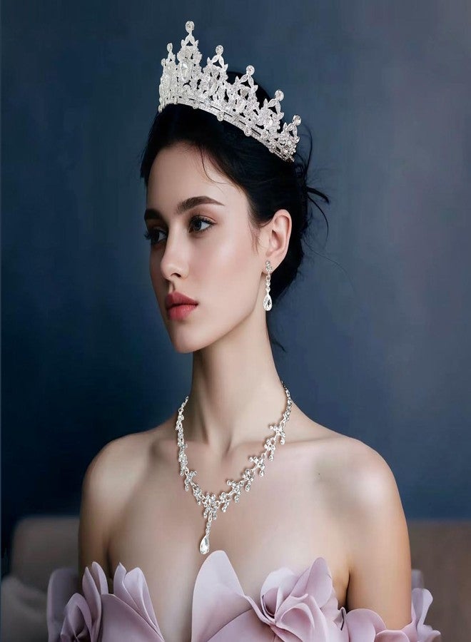 YIXIANGPING Women's headwear, crown earrings, necklace, crystal bridal jewelry set, costume, birthday party, Halloween dance party, grand event women's jewelry (silvery001-01) - Image 4