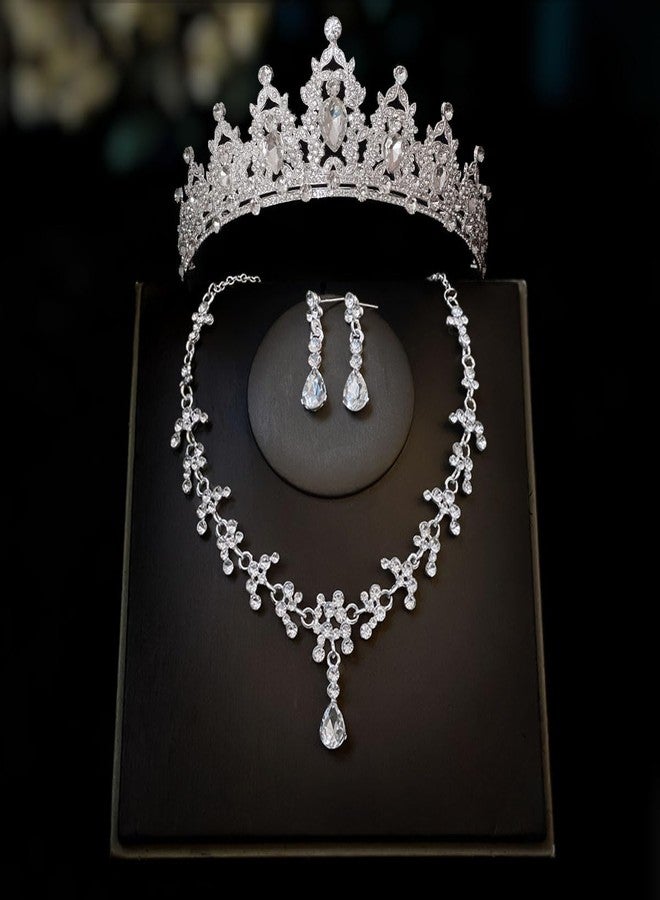 YIXIANGPING Women's headwear, crown earrings, necklace, crystal bridal jewelry set, costume, birthday party, Halloween dance party, grand event women's jewelry (silvery001-01) - Image 5