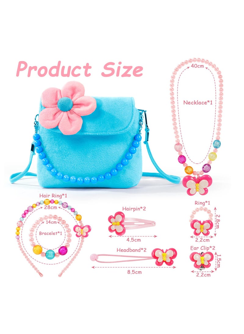 KASTWAVE - Kids Jewelry Set, Flower Crossbody Bag Purse Gift, Children Blue Handbag with Butterfly Necklace Bracelet Rings Earrings, Princess Role Play Dress Up Jewelry Accessories Party Favors - Image 1