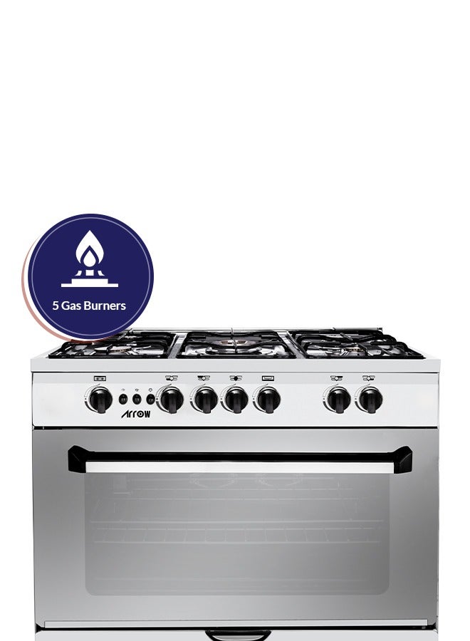 ارو موقد غاز قائم بذاته 90 × 60 سم مع فرن وشواية، 5 شعلات، أمان كامل، مروحة تبريد، دعامة مقلاة من الحديد الزهر، لمسة نهائية من الفولاذ المقاوم للصدأ، باب بإغلاق بكرة. - Image 3