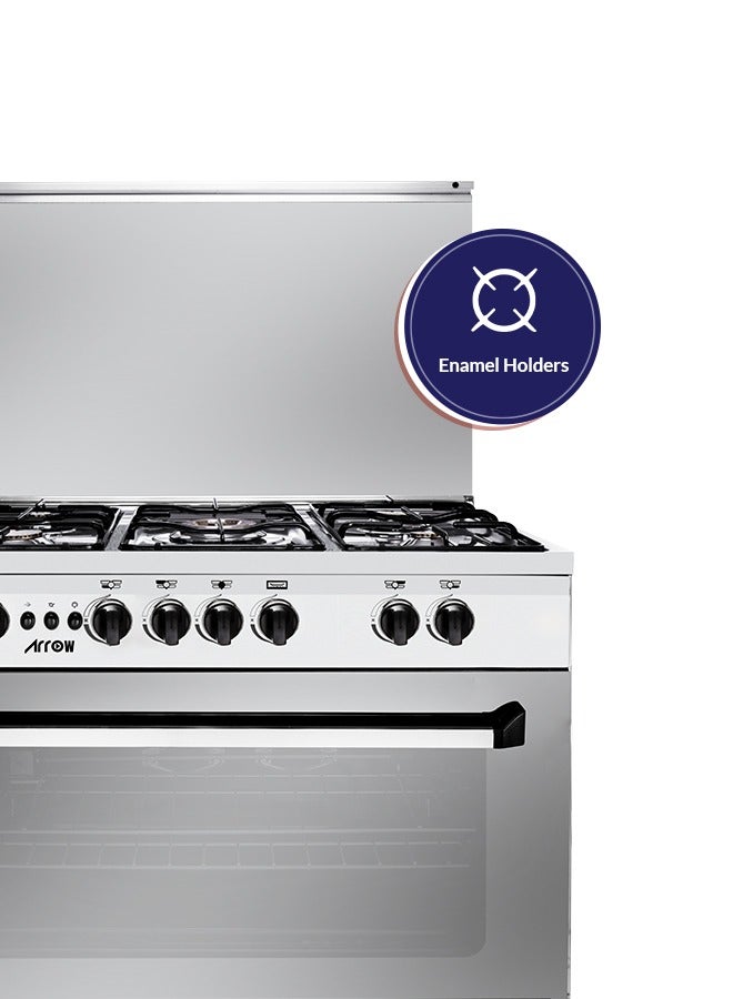 ارو موقد غاز قائم بذاته 90 × 60 سم مع فرن وشواية، 5 شعلات، أمان كامل، مروحة تبريد، دعامة مقلاة من الحديد الزهر، لمسة نهائية من الفولاذ المقاوم للصدأ، باب بإغلاق بكرة. - Image 4