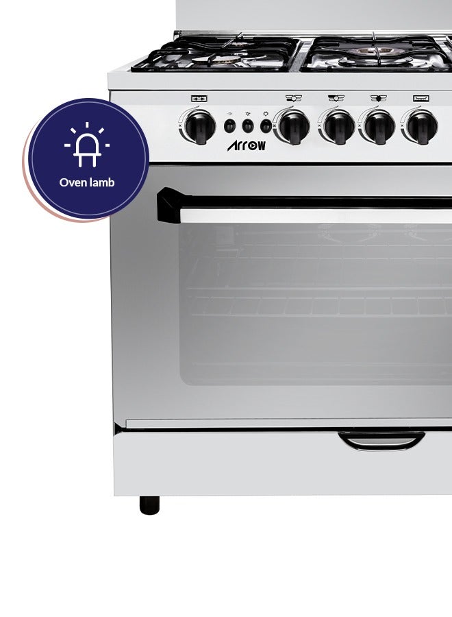 ارو موقد غاز قائم بذاته 90 × 60 سم مع فرن وشواية، 5 شعلات، أمان كامل، مروحة تبريد، دعامة مقلاة من الحديد الزهر، لمسة نهائية من الفولاذ المقاوم للصدأ، باب بإغلاق بكرة. - Image 5