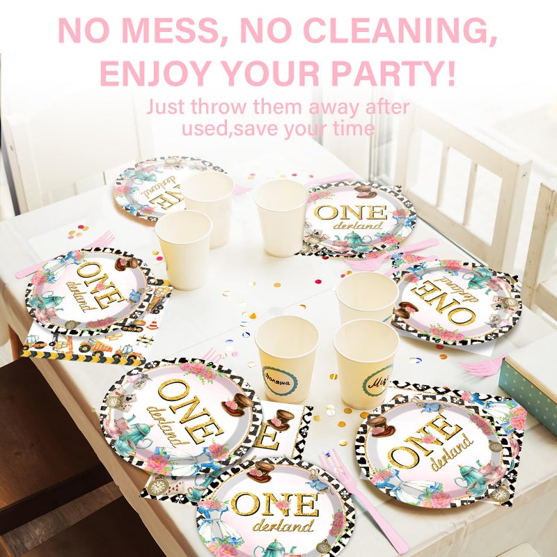 QOUBAI 100Pcs Wonderland 1st Birthday Party Supplies - Onederland 1st Birthday Paper Plates, Napkins, Fork Set, Disposable Fairy Tableware Decorations for Girls Baby Shower Dinner Serves 25 - Image 5
