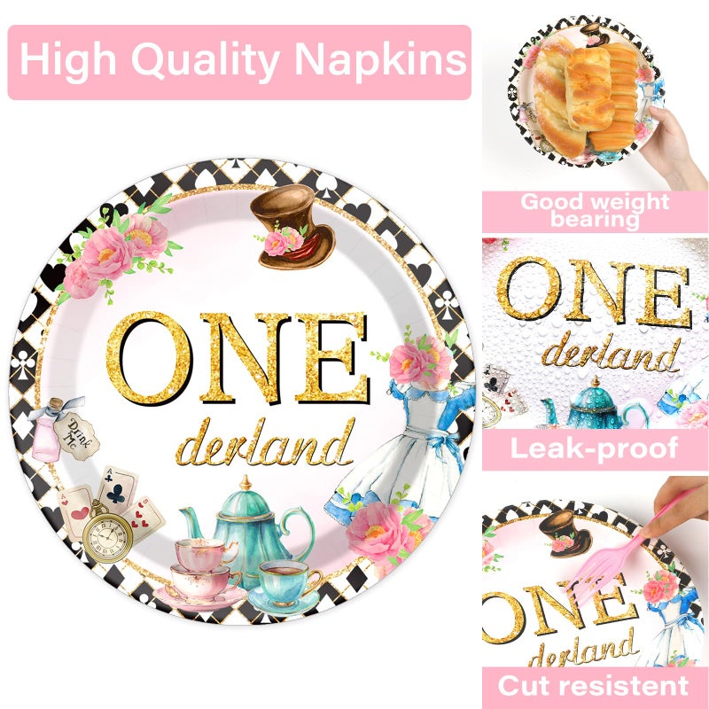 QOUBAI 100Pcs Wonderland 1st Birthday Party Supplies - Onederland 1st Birthday Paper Plates, Napkins, Fork Set, Disposable Fairy Tableware Decorations for Girls Baby Shower Dinner Serves 25 - Image 4