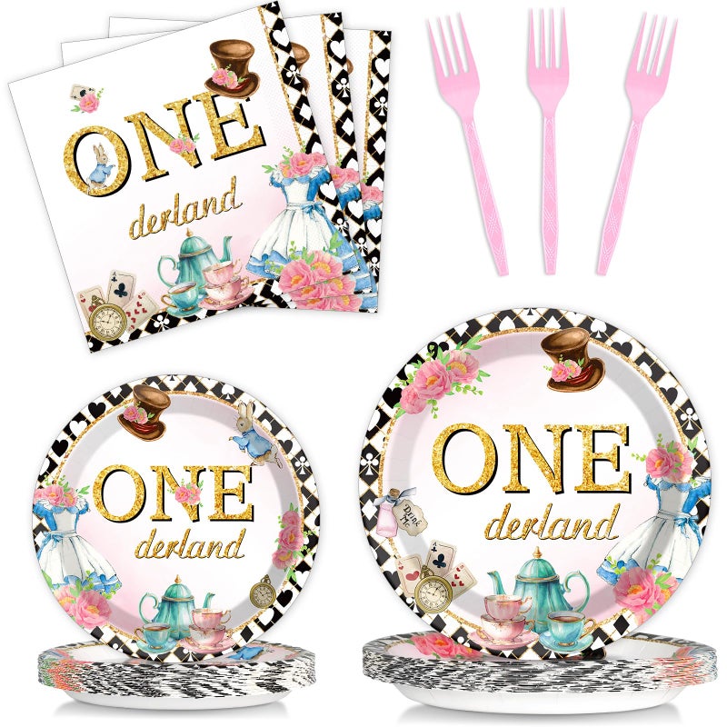 QOUBAI 100Pcs Wonderland 1st Birthday Party Supplies - Onederland 1st Birthday Paper Plates, Napkins, Fork Set, Disposable Fairy Tableware Decorations for Girls Baby Shower Dinner Serves 25 - Image 1