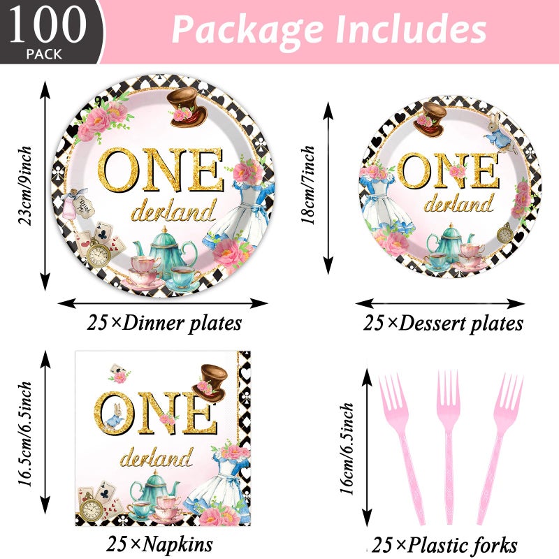 QOUBAI 100Pcs Wonderland 1st Birthday Party Supplies - Onederland 1st Birthday Paper Plates, Napkins, Fork Set, Disposable Fairy Tableware Decorations for Girls Baby Shower Dinner Serves 25 - Image 2