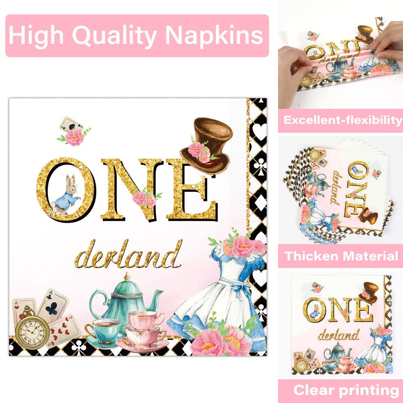 QOUBAI 100Pcs Wonderland 1st Birthday Party Supplies - Onederland 1st Birthday Paper Plates, Napkins, Fork Set, Disposable Fairy Tableware Decorations for Girls Baby Shower Dinner Serves 25 - Image 3