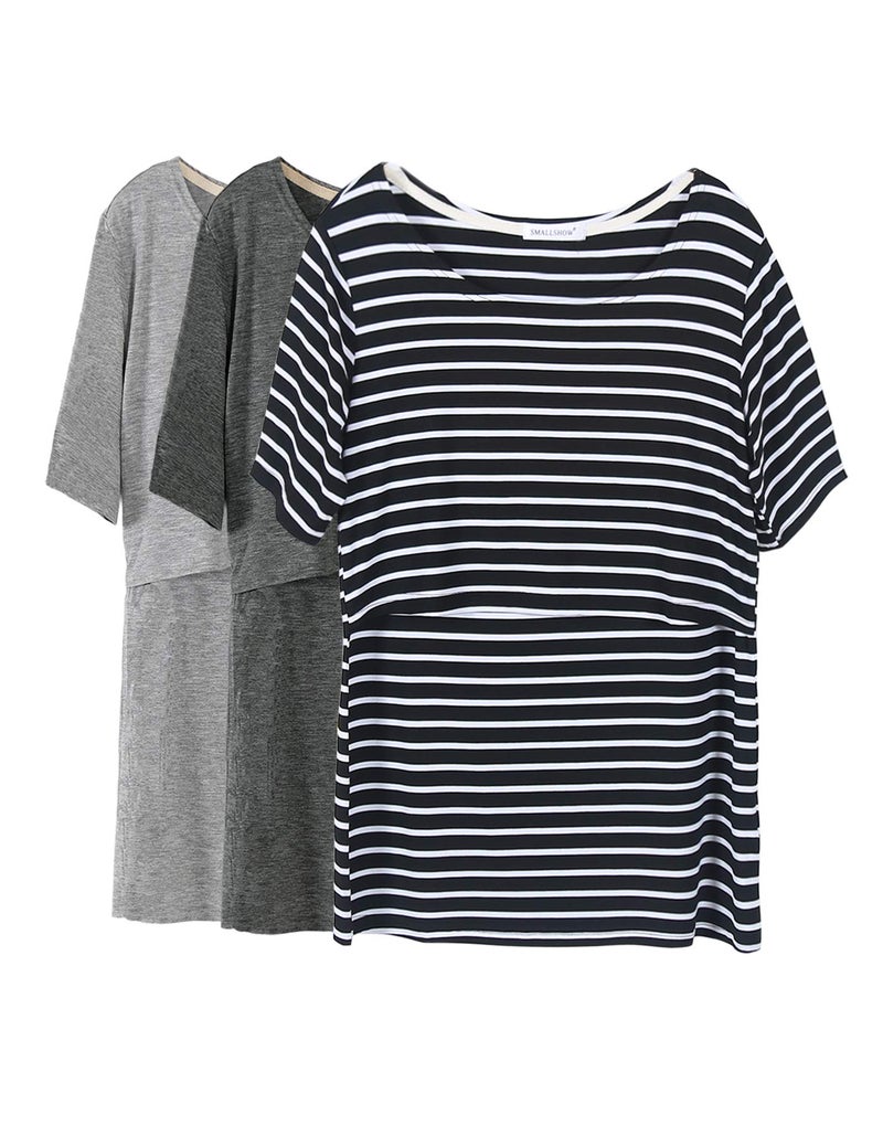 Smallshow 3 Pcs Maternity Nursing T-Shirt Nursing Tops Black Stripe-Dim Grey-Grey XX-Large - Image 1