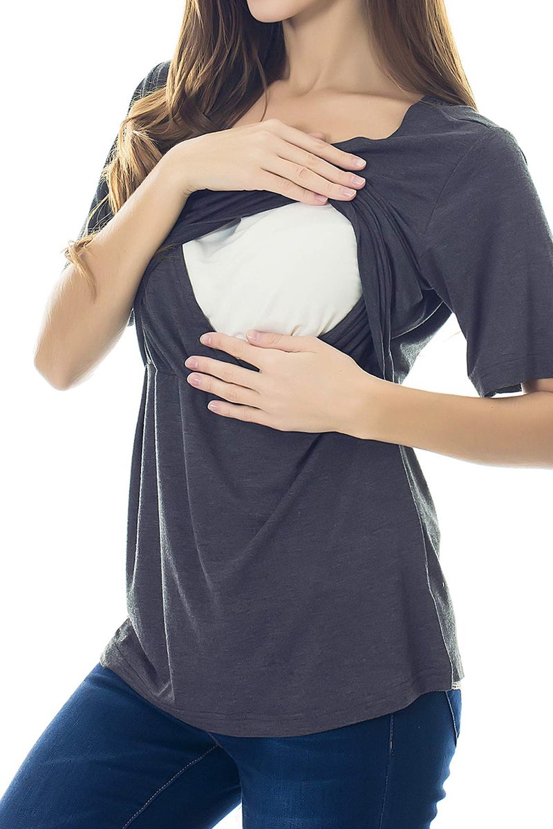 Smallshow 3 Pcs Maternity Nursing T-Shirt Nursing Tops Black Stripe-Dim Grey-Grey XX-Large - Image 3