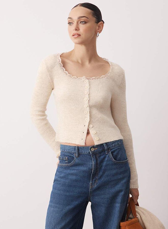 trendyol Stone Crop Lace Garnish Square Collar Soft Texture Fitted/Body-Hugging Knitwear Cardigan - Image 1