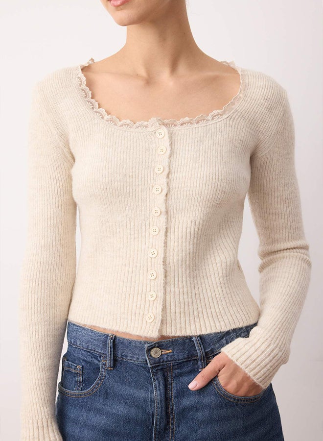trendyol Stone Crop Lace Garnish Square Collar Soft Texture Fitted/Body-Hugging Knitwear Cardigan - Image 4
