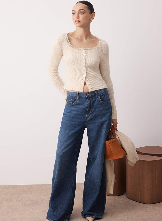 trendyol Stone Crop Lace Garnish Square Collar Soft Texture Fitted/Body-Hugging Knitwear Cardigan - Image 3