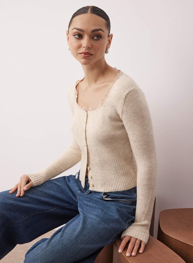 trendyol Stone Crop Lace Garnish Square Collar Soft Texture Fitted/Body-Hugging Knitwear Cardigan - Image 2
