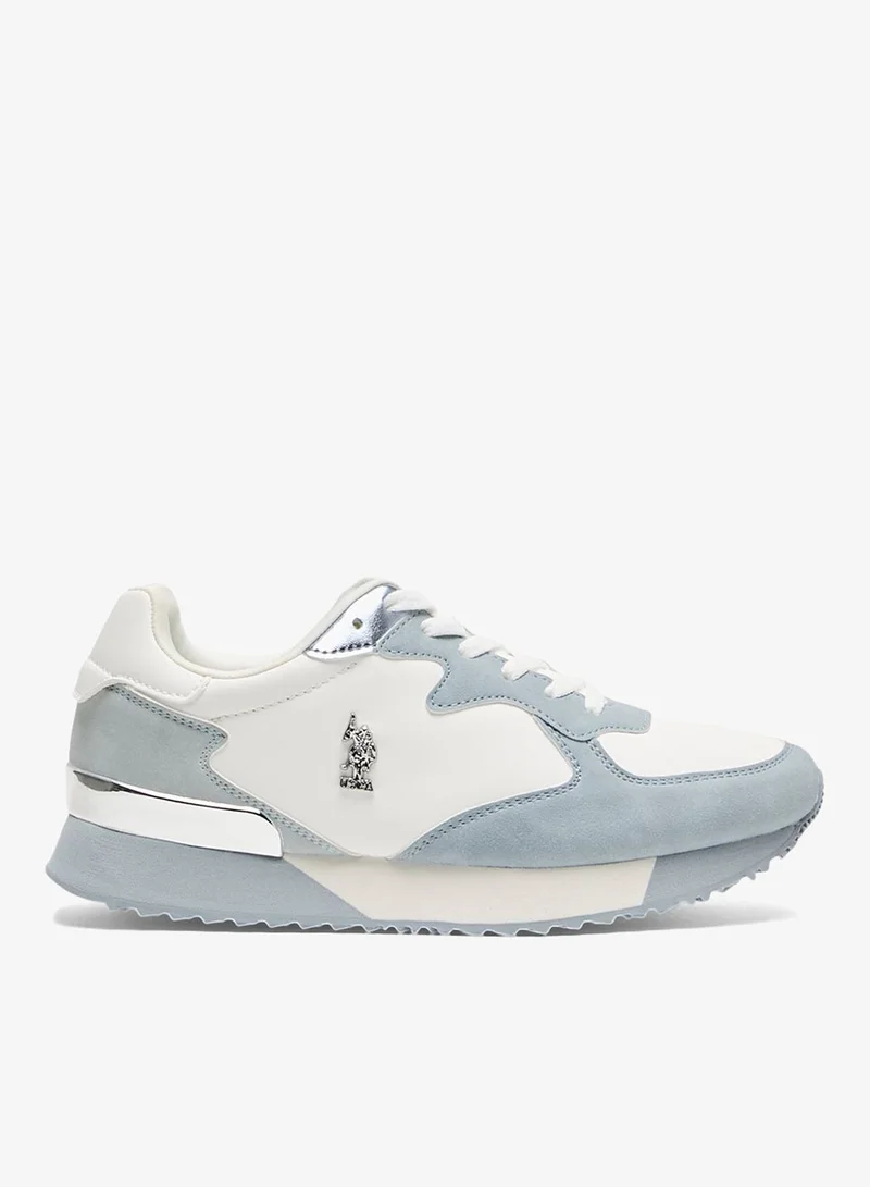 U.S. Polo Assn. White/Light Blue Women's Retro-Style Sneakers - Lightweight Shoes with Silver Accents, Casual Lace-Up Shoes for a Sporty Look for Women | Best Price UAE