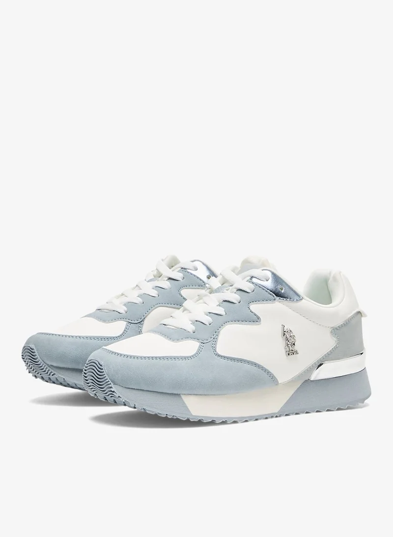 U.S. Polo Assn. White/Light Blue Women's Retro-Style Sneakers - Lightweight Shoes with Silver Accents, Casual Lace-Up Shoes for a Sporty Look for Women | Best Price UAE