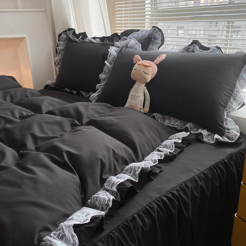 MOOWOO Chic Ruffle Lace Polyester Duvet Cover Set -Girl Black Bedding-3 Piece Queen Duvet Cover with Zipper Closure -Ultra Soft and Light Weight(Black, Queen)-NO Including Comforter - Image 5