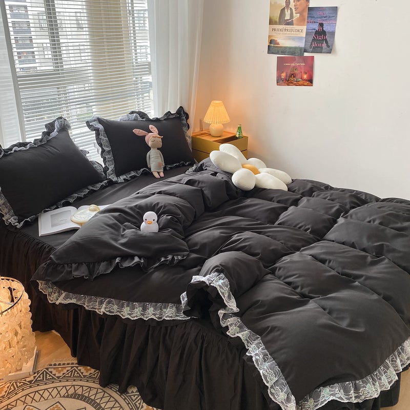 MOOWOO Chic Ruffle Lace Polyester Duvet Cover Set -Girl Black Bedding-3 Piece Queen Duvet Cover with Zipper Closure -Ultra Soft and Light Weight(Black, Queen)-NO Including Comforter - Image 2