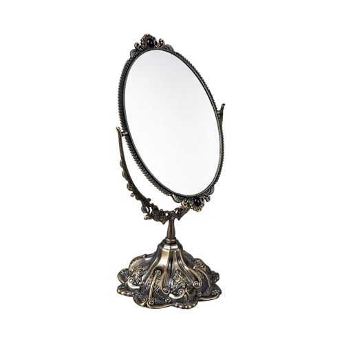 Feyarl Small Metal Vintage Makeup Mirror Floral Tabletop Oval Vanity Swivel Double Sided Mirror with Stand Elegant Decorative for Dressing Room Bedroom (Bronze) - Image 1
