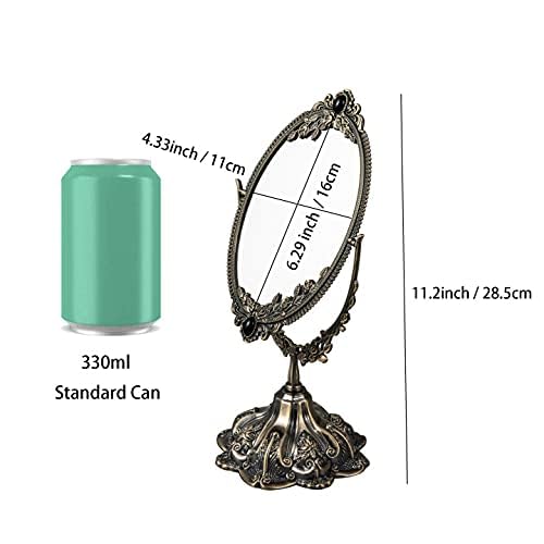 Feyarl Small Metal Vintage Makeup Mirror Floral Tabletop Oval Vanity Swivel Double Sided Mirror with Stand Elegant Decorative for Dressing Room Bedroom (Bronze) - Image 2