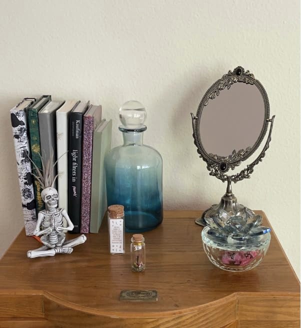 Feyarl Small Metal Vintage Makeup Mirror Floral Tabletop Oval Vanity Swivel Double Sided Mirror with Stand Elegant Decorative for Dressing Room Bedroom (Bronze) - Image 5