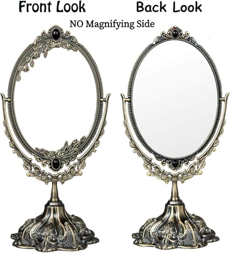 Feyarl Small Metal Vintage Makeup Mirror Floral Tabletop Oval Vanity Swivel Double Sided Mirror with Stand Elegant Decorative for Dressing Room Bedroom (Bronze) - Image 4