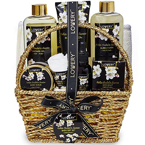 LOVERY Birthday Gifts for Mom, Bath and Body Gift Basket for Women and Men – Orchid & Jasmine Home Spa Set With Body Scrubs, Lotions, Oils, Gels and More - Care Package for Women & Men - 9 Piece Set - Image 1