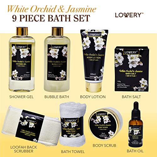 LOVERY Birthday Gifts for Mom, Bath and Body Gift Basket for Women and Men – Orchid & Jasmine Home Spa Set With Body Scrubs, Lotions, Oils, Gels and More - Care Package for Women & Men - 9 Piece Set - Image 2