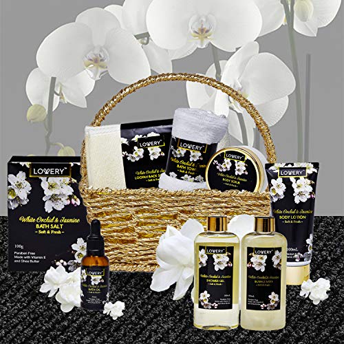 LOVERY Birthday Gifts for Mom, Bath and Body Gift Basket for Women and Men – Orchid & Jasmine Home Spa Set With Body Scrubs, Lotions, Oils, Gels and More - Care Package for Women & Men - 9 Piece Set - Image 3